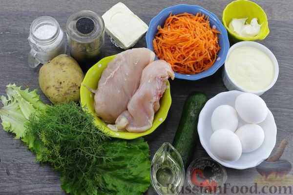 Салат "Драконье гнездо" с курицей, картофелем и морковью по-корейски